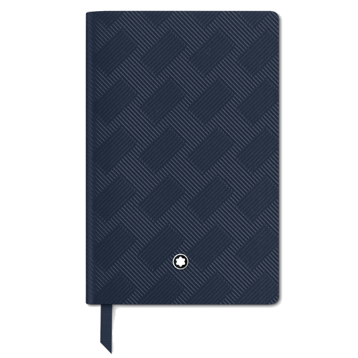 This Montblanc #148 Fine Stationery Extreme 3.0 Notebook Ink Blue has the snowcap emblem on the front and a matching grosgrain ribbon bookmark.