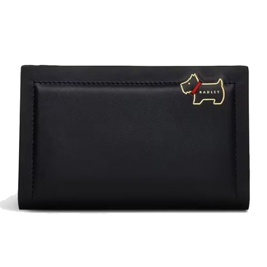 This Heritage Lane Black Medium Bifold Purse by Radley is made from black smooth leather and a metallic gold Scottie dog in the corner for branding.