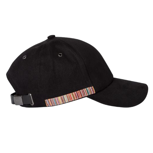 This Signature Stripe Trim Black Cotton Baseball Cap by Paul Smith has a black leather strap on the back which is adjustable with the buckle.