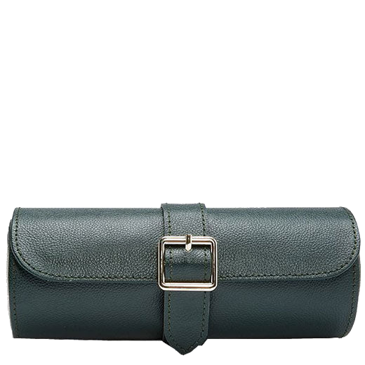 The WOLF 1834 Green British Racing Triple Watch Roll with Capsule features a snap closure.