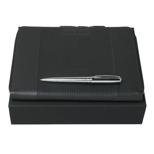 A5 Black Leather Dot Folder and Ballpoint Pen Set by Hugo Boss.