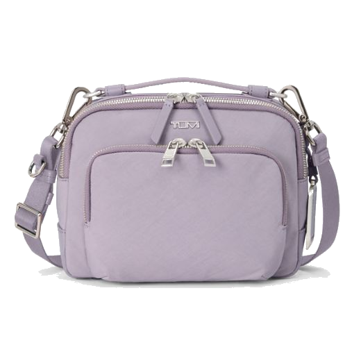 TUMI's Voyageur Lavender Teghan Crossbody Bag has the brand name on the front in silver lettering to match the trims.