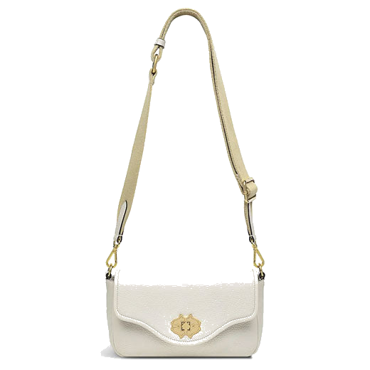 Radley's Heirloom Street Chalk Medium Flapover Cross Body Bag is made out of soft-grain leather with gold hardware and a canvas ecru strap.