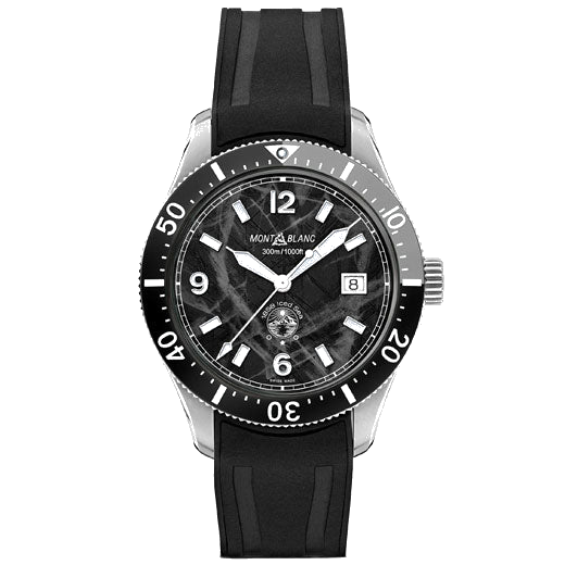 This Montblanc 1858 Iced Sea Black Rubber Automatic Date Watch features a double-folding clasp.