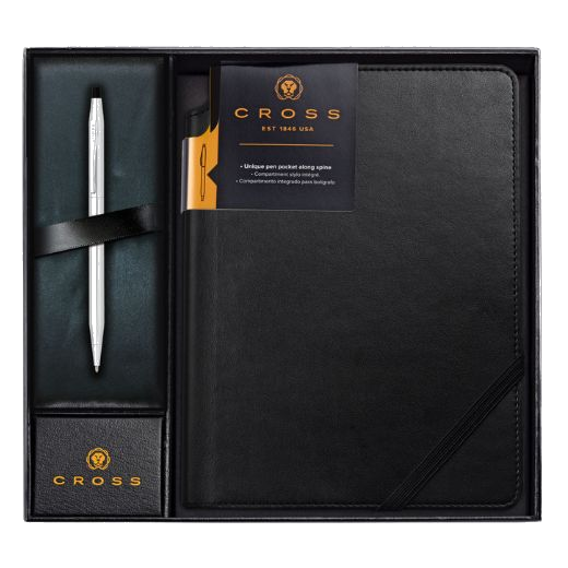 The Classic Century Lustrous Chrome Ballpoint Pen and Black Journal Gift Set by Cross.