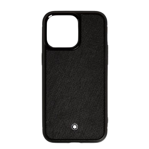 Montblanc's Sartorial Hard Shell iPhone 16 Pro Max Case Black is finished with a panel of saffiano calfskin leather in plain black.