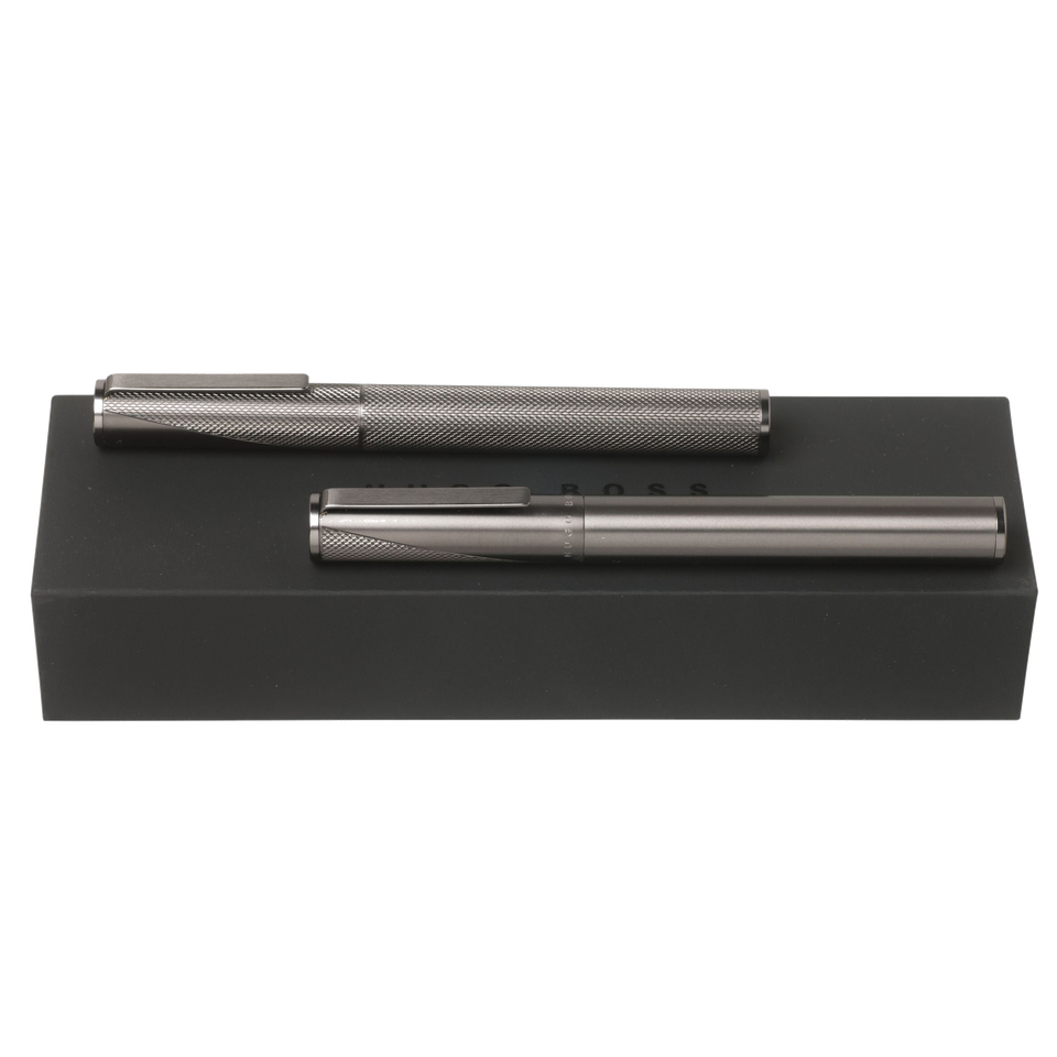 Keystone Dark Chrome Rollerball and Fountain Pen Set Pictured with Presentation Box by Hugo Boss.