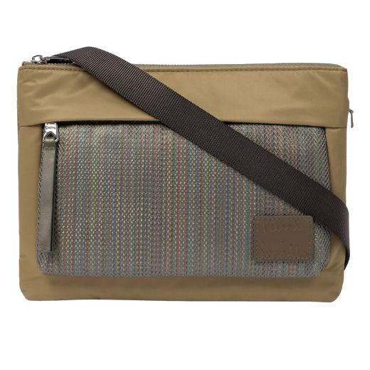 Paul smith's Men's 'Signature Stripe' Khaki Cross Body Bag is made out of nylon with a mesh panel on the front.