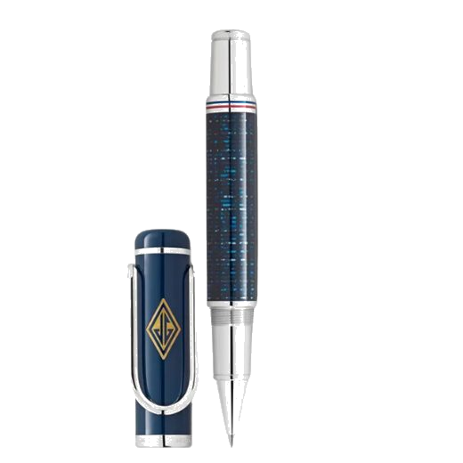 Montblanc's Great Characters The Great Gatsby Rollerball Pen, Special Edition is made out of precious resin in blue with platinum trims on the spring clip, nib, and edges of the cap and barrel.