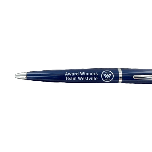 Two Line Writing Instrument Barrel Block Engraving on a Cross Pen with company logo.