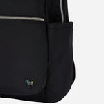 The signature stripe zebra logo on the front of the Paul Smith Black Recycled Polyester Backpack with Signature Stripe Zebra Logo.