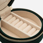 Close up inside the Zoe Forest Green Velvet Travel Round Jewellery Case.