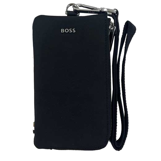 This BOSS nylon black phone pouch comes with a wrist strap.