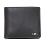 This BOSS Black Leather 8CC Bifold Wallet & Card Case Gift Set is made out of sheep leather with a plain black aesthetic and silver lettering.