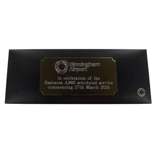 The Birmingham airport logo has been attached to the giftbox of this Montblanc pen.