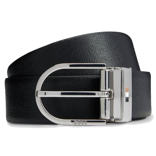 This BOSS Otif Reversible Italian Leather Belt with Signature Stripe Inlay is made out of Italian leather with one plain side in brown and the other in black saffiano.