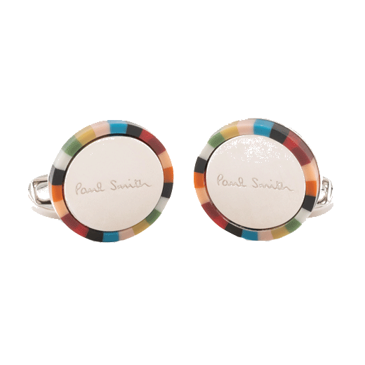 This pair of Paul Smith Signature Stripe Edge Round Logo Cufflinks is made from a blend of copper and zinc with a resin inlay.