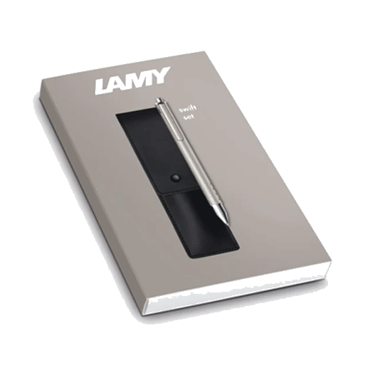 LAMY's Swift Rollerball Pen Set with a plain leather Case in black.