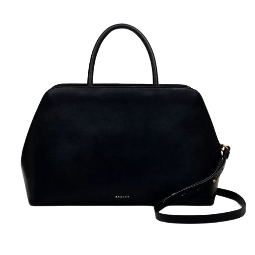Radley's Liverpool Street 3.0 Black Leather Medium Grab Bag has two grab handles and a crossbody strap that is detachable.