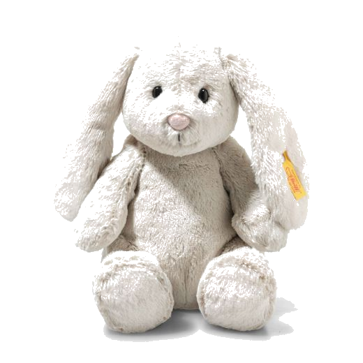 Steiff's Light at Night Hoppie Rabbit in Light Grey is made out of soft plush with a removable night light that has a timer function.