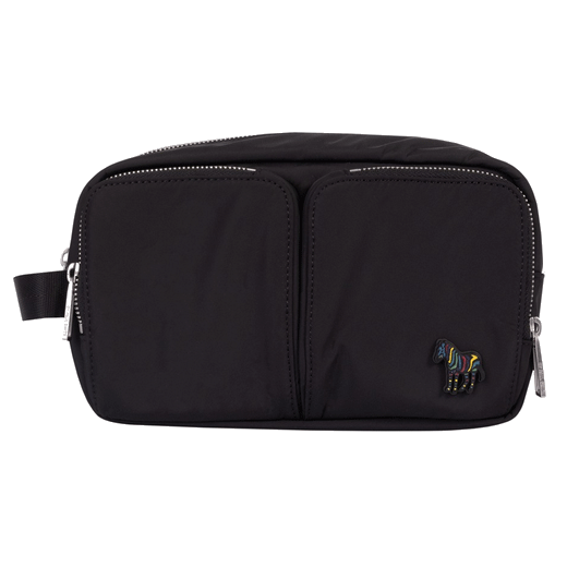 Paul Smith's PS Zebra Recycled Polyester Wash Bag has two front pockets and the main compartment.