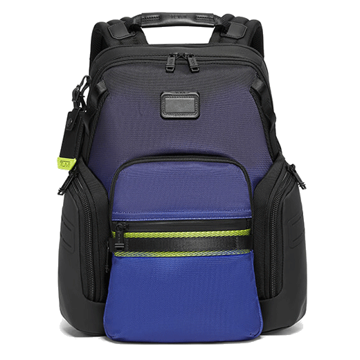This TUMI Alpha Bravo Royal Blue Ombre Navigation Backpack has hints of neon yellow.