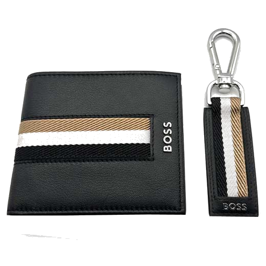 This Hugo Boss wallet and keyring gift set comes in a black leather with a stripe design.