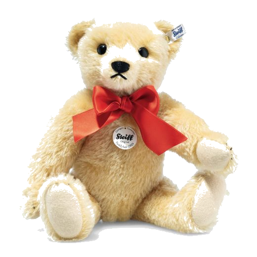 Steiff's Classic 1909 Teddy Bear 35 cm is made out of a mohair and cotton blend with a soft touch and satin ribbon neck tie.