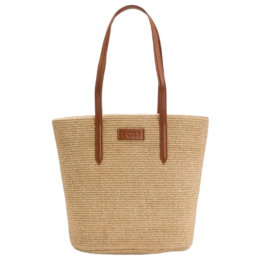 The Palmah Beige Raffia Tote Bag with Detachable Pouch by BOSS.
