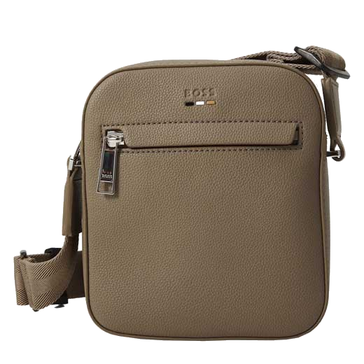 BOSS reporter bag is made from a pebbled faux leather in beige.