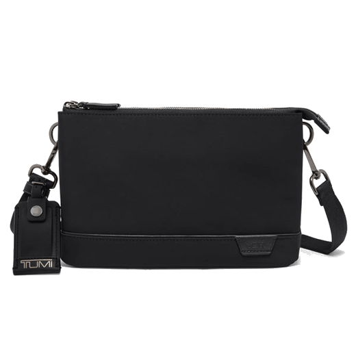 This TUMI Harrison Bardin Clutch in Black has leather trims with the TUMI brand name.