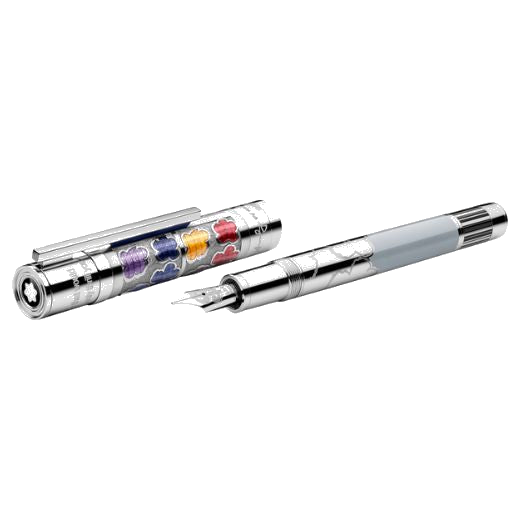 Montblanc's Great Characters Andy Warhol Limited Edition 1928 Fountain Pen has a flower design on the cap with polished silver trims.
