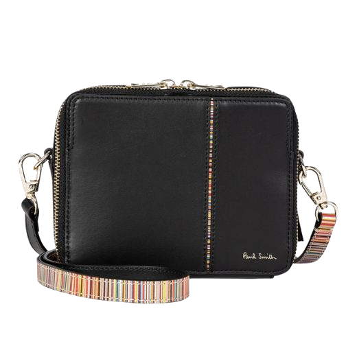 This Paul Smith Women's 'Signature Stripe' Black Leather Camera Bag has polished gold trims with the engraved paul smith signature.