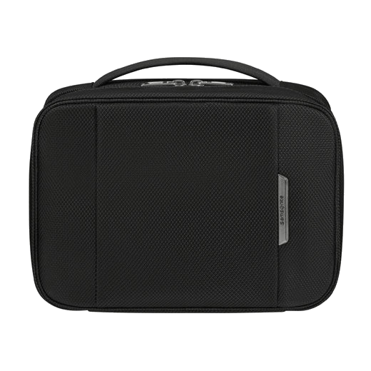 This Samsonite Respark Weekender Wash Bag Ozone Black has a top handle and a dual zip into the main compartment, with gunmetal hardware.