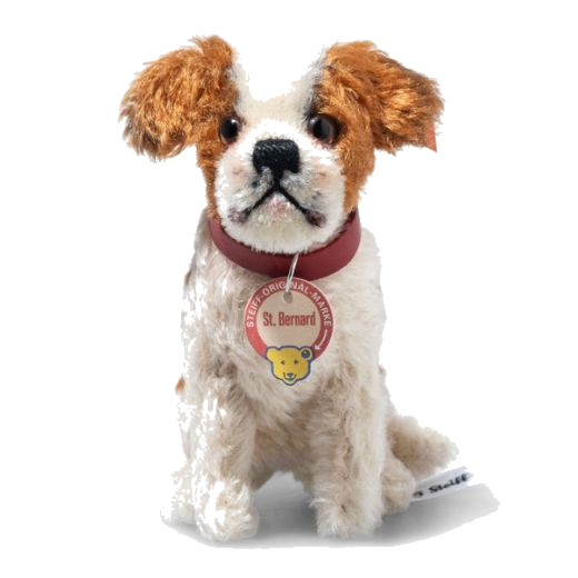 Steiff's St. Bernard 1934 Replica, 10 cm is made out of a mohair and cotton blend with wood shavings for the stuffing.