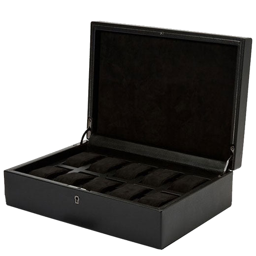 This WOLF 1834 Black British Racing 10 Piece Watch Box features a lock and key security.
