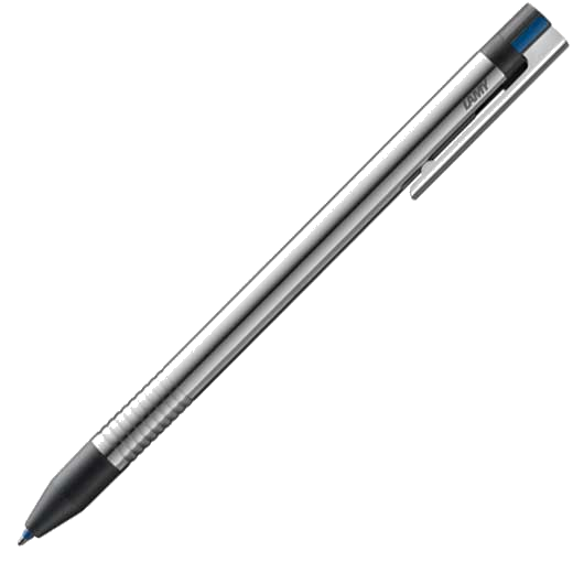 Multisystem stainless steel pen with black, blue & red ink.