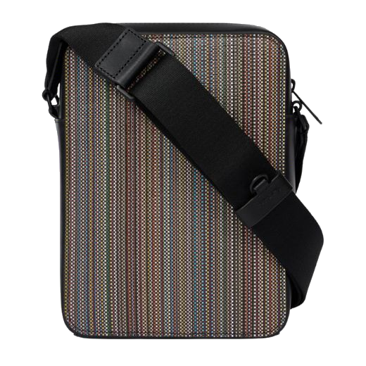 Paul smith's Men's 'Signature Stripe' Coated Canvas Flight Bag has a chunky strap that is adjustable in length.