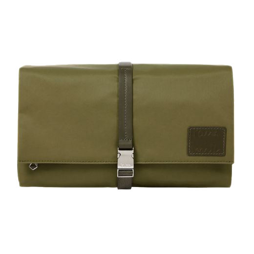 This Paul Smith Khaki Nylon & Leather Trim Wash Bag has a wrap around buckle closure to keep the bag secure.