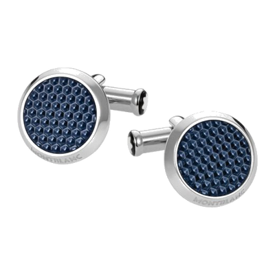 This pair of Montblanc Meisterstück Blue Cufflinks has a hexagonal patterned inlay on the face with the Montblanc brand name engraved along the edge.