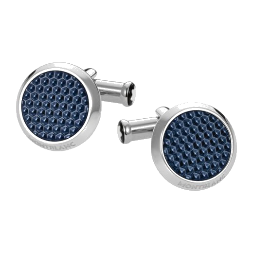 This pair of Montblanc Meisterstück Blue Cufflinks has a hexagonal patterned inlay on the face with the Montblanc brand name engraved along the edge.