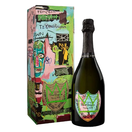 This Dom Perignon Vintage 2015 Special Edition Green, Tribute to Jean-Michel Basquiat has a unique print on the boxed packaging with a matching label on the bottle.