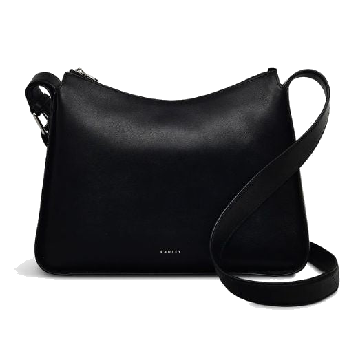 Radley's Westwell Lane Medium Zip-Top Leather Cross Body Bag has the brand name on the front in silver foil embossing.