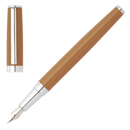 This Gear Icon Camel & Chrome Fountain Pen by Hugo Boss comes in a black gift box.