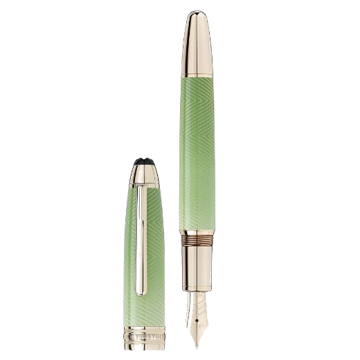 This Meisterstück Calligraphy Solitaire Celadon Dégradé Curved Nib Fountain Pen by Montblanc is made with precious lacquer and gold trims.