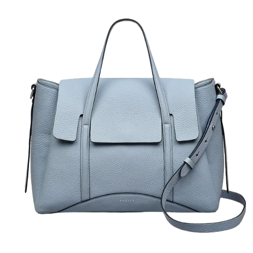 Radley's The Chancery Smoke Blue Medium Flapover Grab Bag is made out of cowhide leather with a grained texture and a suedette lining to match.