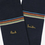 Close up of the dark blue pair from the Paul Smith 3-Pack Signature Stripe Mid-Calf Socks with Gold Logo.
