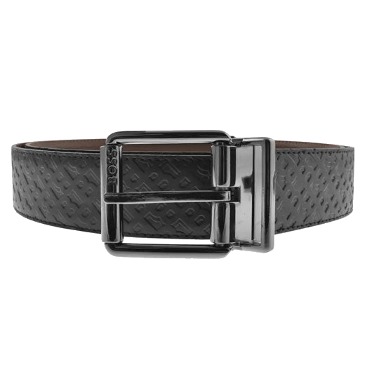 This BOSS 'B' Monogram Reversible Leather Orrol Belt, Black & Brown has a polished gunmetal pin buckle with rounded corners and the BOSS brand name engraved.