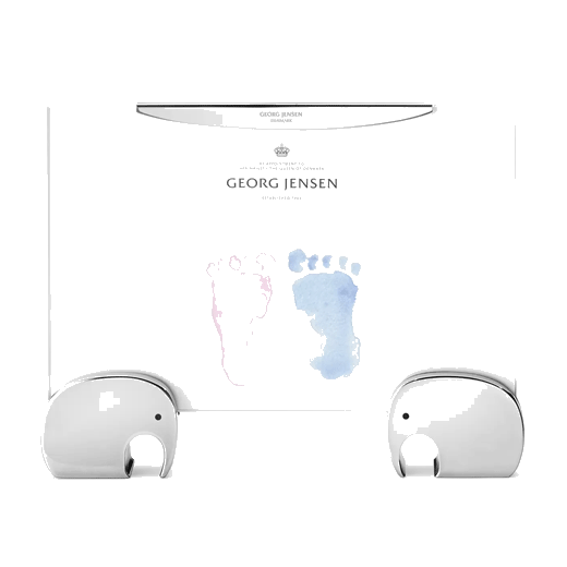 This Georg Jensen Elephant Picture Frame 4x6 IN has two elephants holding the clear frame.