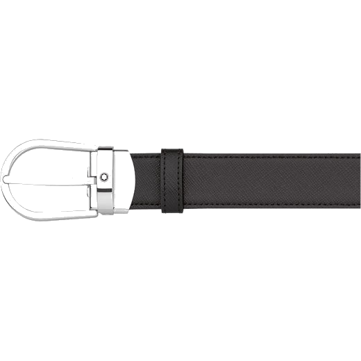 Montblanc horseshoe belt with a silver buckle and saffiano leather strap.